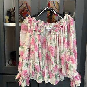Topshop Drawstring Sheer Floral Cropped Blouse
